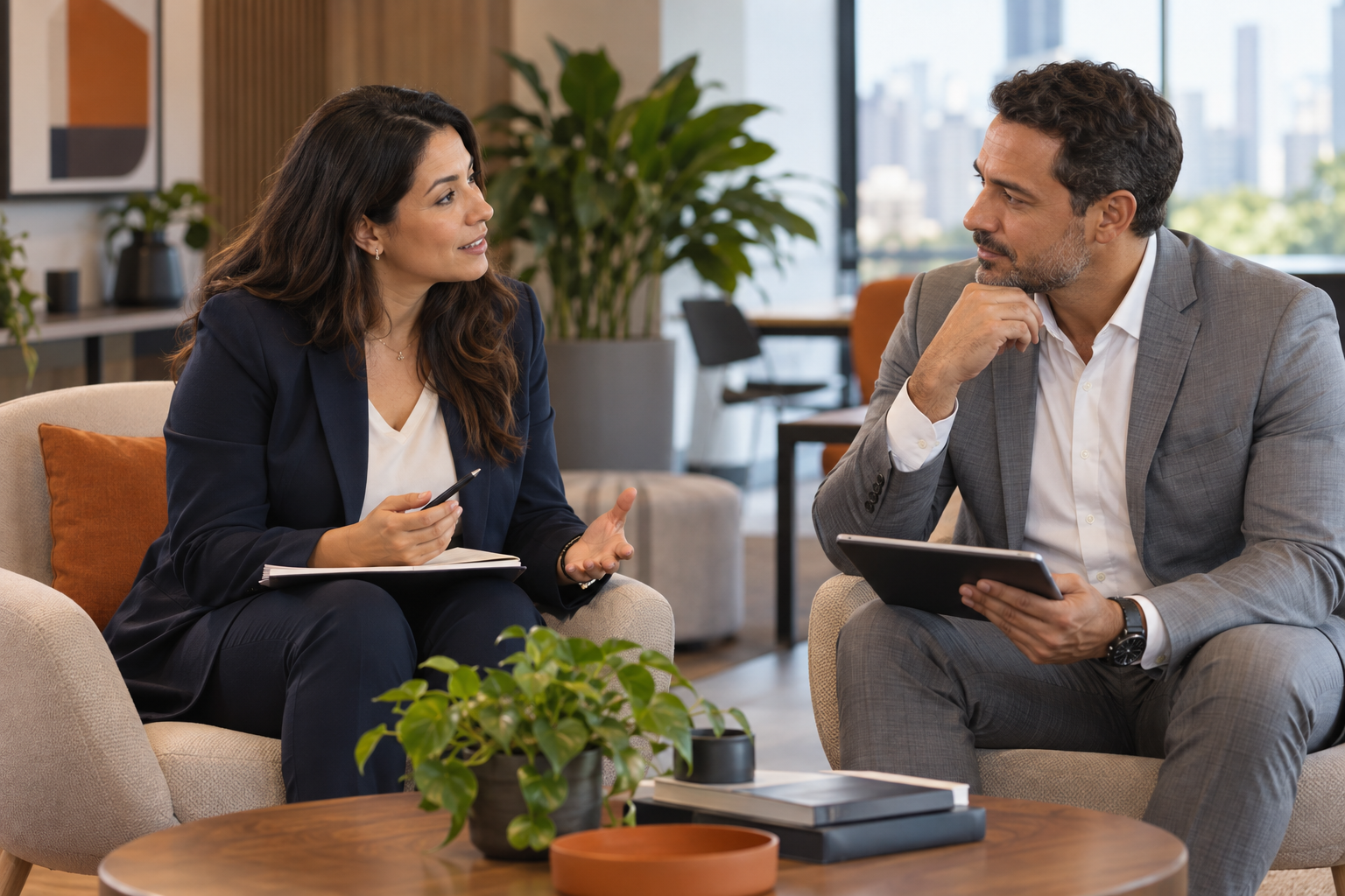 Profissional de RH orientando uma liderança em uma conversa individual